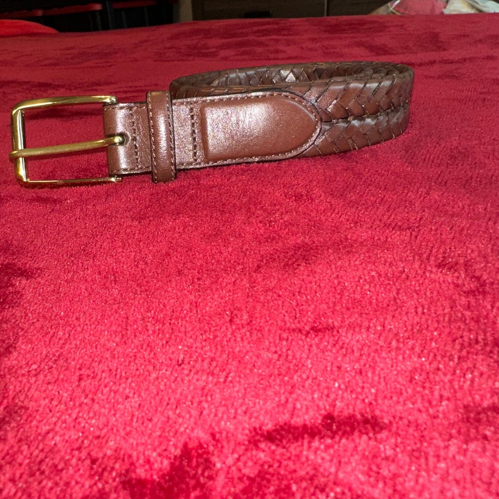 Lands End Mens Brown Braided Genuine Leather Belt Solid Brass Buckle 44 3261 B6